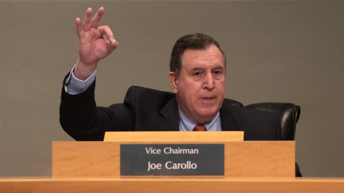 Joe Carollo gestures during City Hall presentation on a redistricting plan in February 2022.