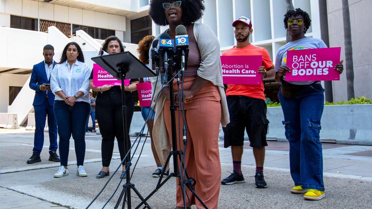 Trained abortion doula Tifanny Burks, 29, speaks about the U.S. Supreme Court decision in Dobbs v. Jackson Women’s Health that has resulted in Roe v. Wade being overturned during a Florida Planned Parenthood PAC press conference at Stephen P. Clark Government Center in Miami, Florida, on Friday, June 24, 2022.