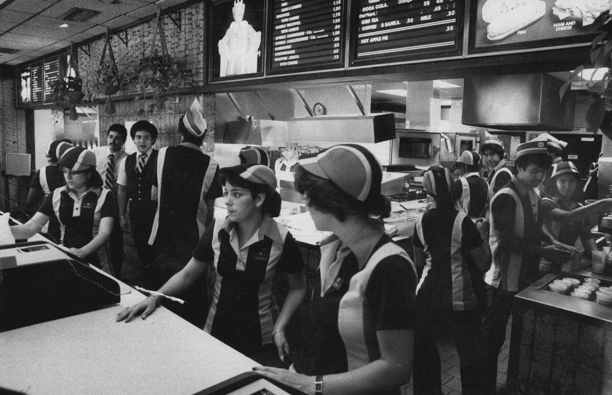 Young workers at Burger King on Biscayne Blvd and 17th Street in Miami in 1979.
