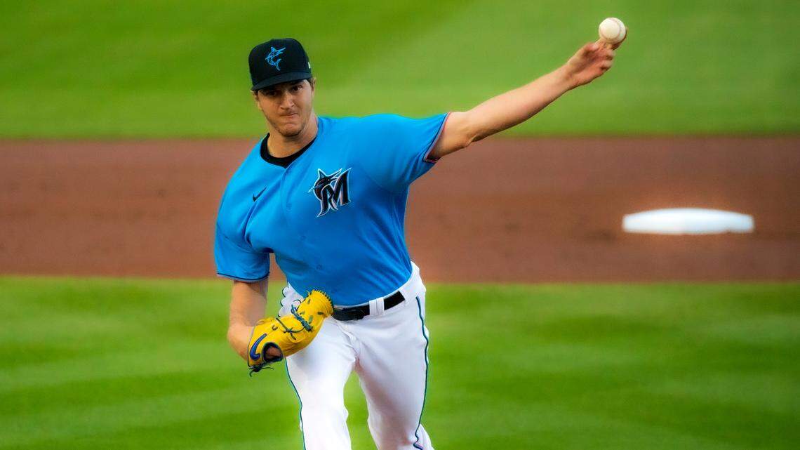 Miami Marlins pitcher Trevor Rogers (28) pitches against the Houston Astros during the first inning of the spring training baseball game at Roger Dean Chevrolet Stadium on Wednesday, March 10, 2021 in Jupiter, Florida.