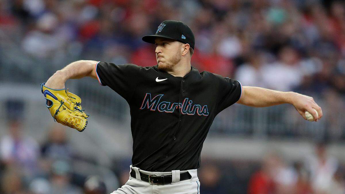 Miami Marlins pitcher Trevor Rogers works against the Atlanta Braves during the first inning of a baseball game Friday, Sept. 10, 2021, in Atlanta. (AP Photo/Ben Margot)