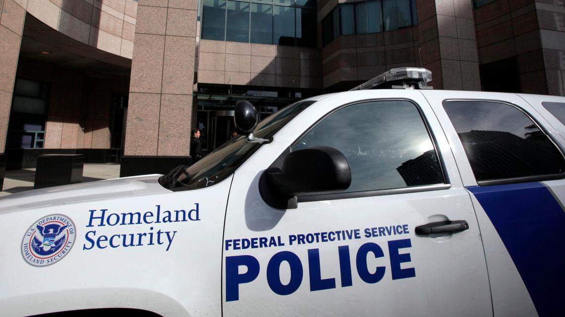 This Feb. 17, 2012, photo shows a Homeland Security police car parked outside the federal courthouse in Long Beach, California.
