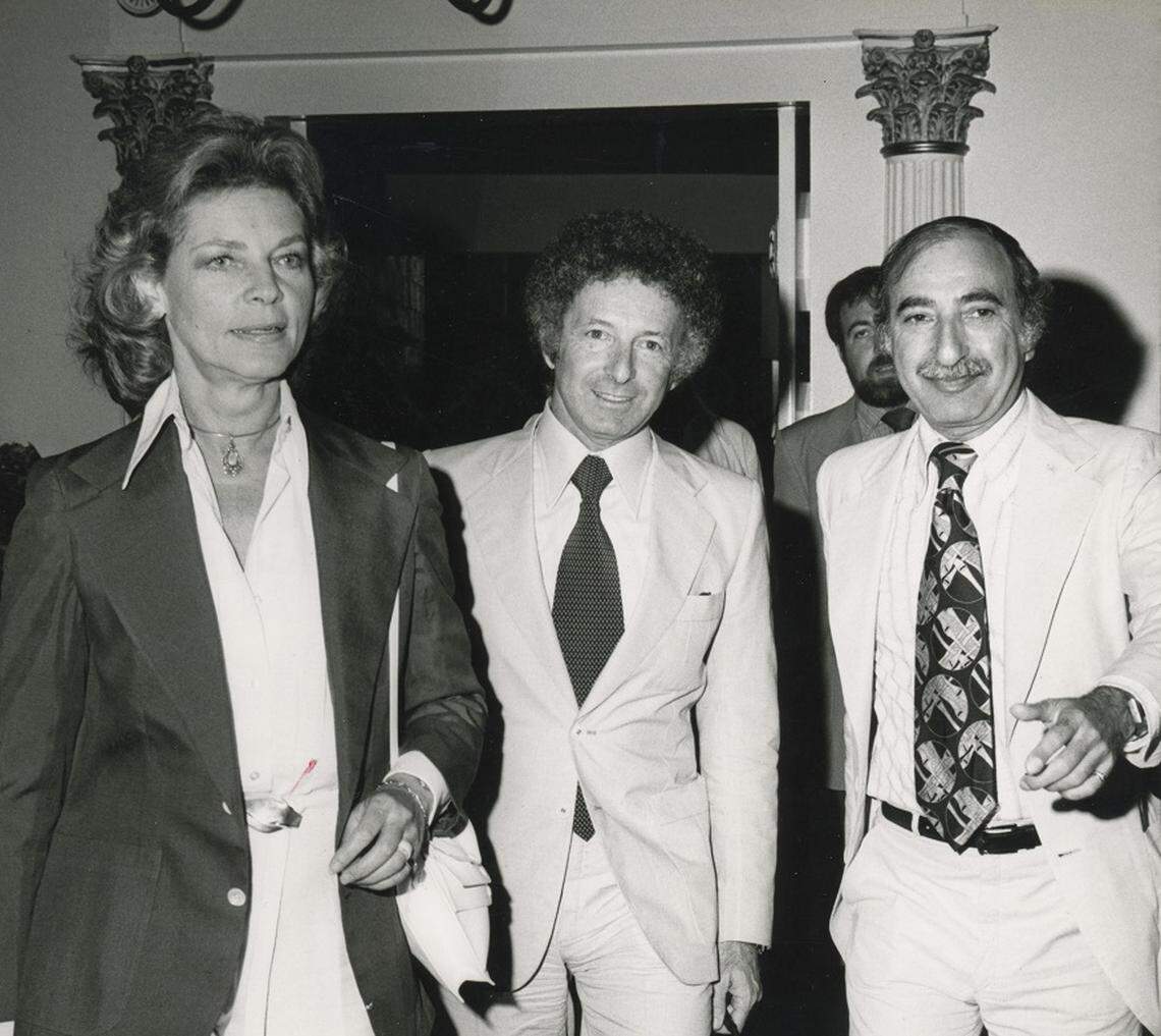 A vintage photo of movie and Broadway star Lauren Bacall, producer Zev Buffman and Charlie Cinnamon, part of the collection featured in the exhibit 'Charlie Cinnamon: Legendary Press Agent' June 19 through September at the Jewish Museum of Florida-FIU.