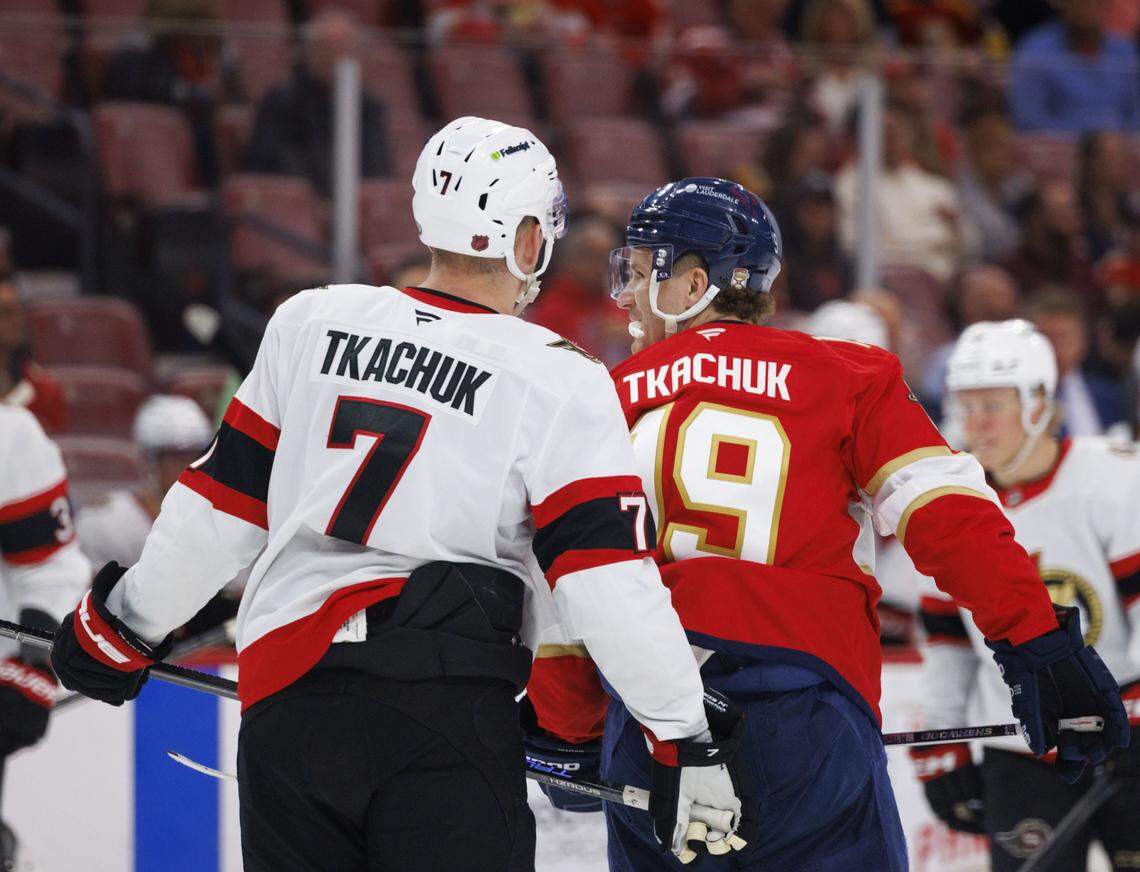 Florida Panthers left wing Matthew Tkachuk (19) laughs with his brother Ottawa Senators left wing Brady Tkachuk (7) during the third period of a game on Florida Panthers Pride Night on Tuesday, March 31, 2026, at Amerant Bank Arena in Sunrise, Fla. The Florida Panthers won 6-3. 