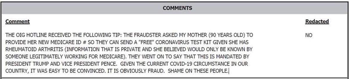 A tip to the U.S. Health and Human Services Office of the Inspector General about a coronavirus testing scam