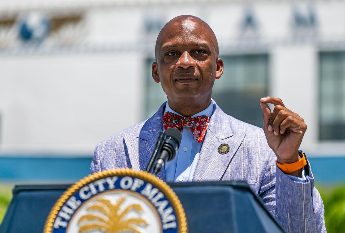 Miami Gardens Mayor Oliver Gilbert speaks during a COVID-19 press conference outside of Miami City Hall in Coconut Grove on Monday, June 22, 2020. A total of 15 Miami-Dade mayors gathered to announce stricter enforcement of COVID-19 rules across the county.