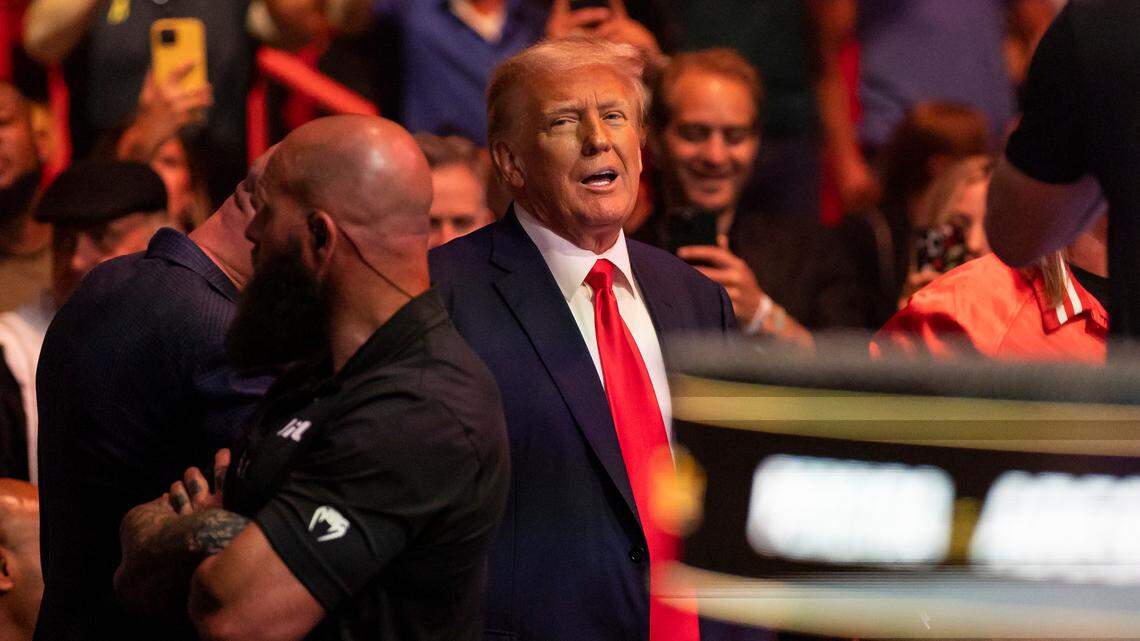 Former President Donald Trump attends a UFC martial arts event at the Kaseya Center on Saturday, April 8, 2023, in downtown Miami. He is getting involved in local politics while running for president, with an endorsement of Rosie Cordero-Stutz in the GOP primary for Miami-Dade sheriff.