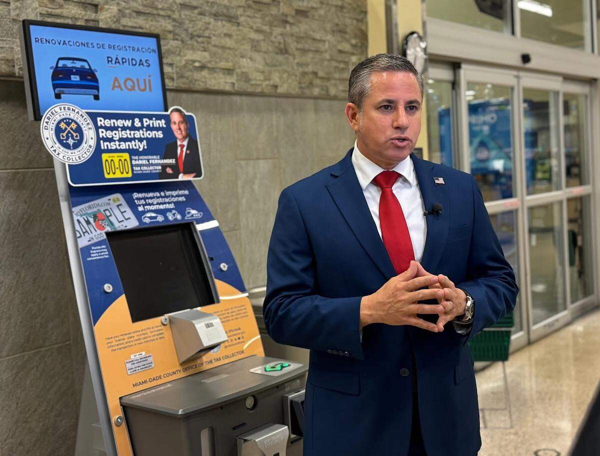 Miami-Dade Tax Collector Dariel Fernández at a Publix self-service kiosk launch event at the Doral Publix on July 11, 2025.
