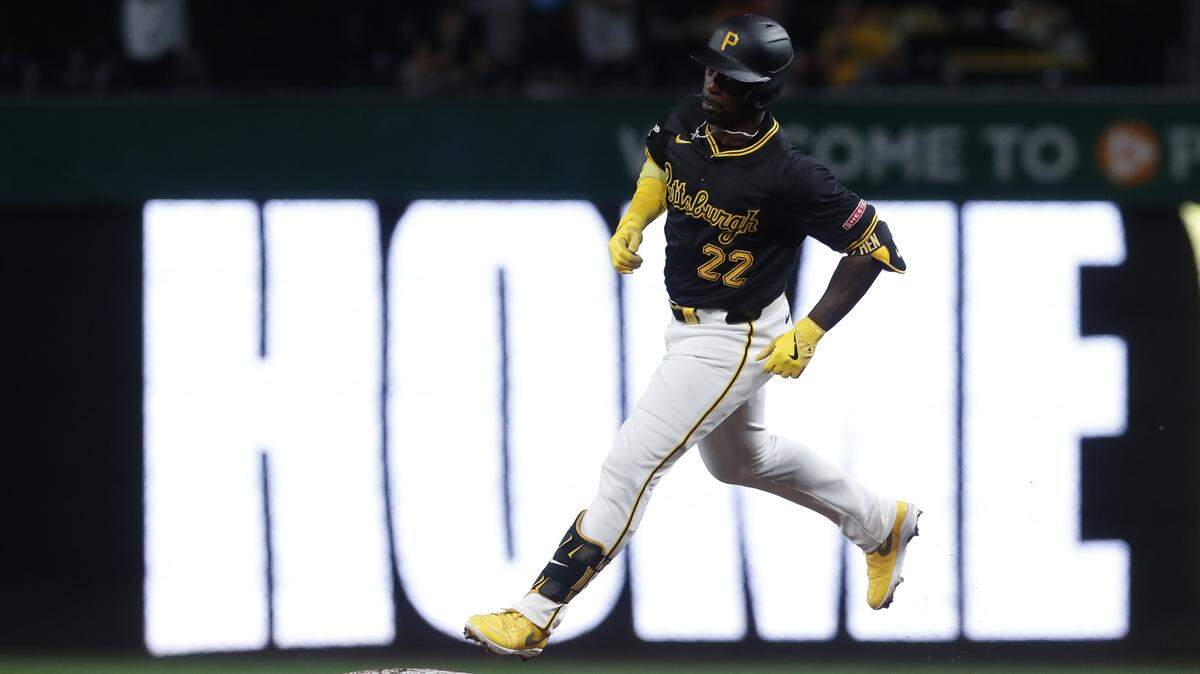 Pittsburgh Pirates designated hitter Andrew McCutchen circles the bases following his three-run home run against the Miami Marlins during the fifth inning of Tuesday’s game at PNC Park in Pittsburgh. The blast helped the Pirates win 6-4.