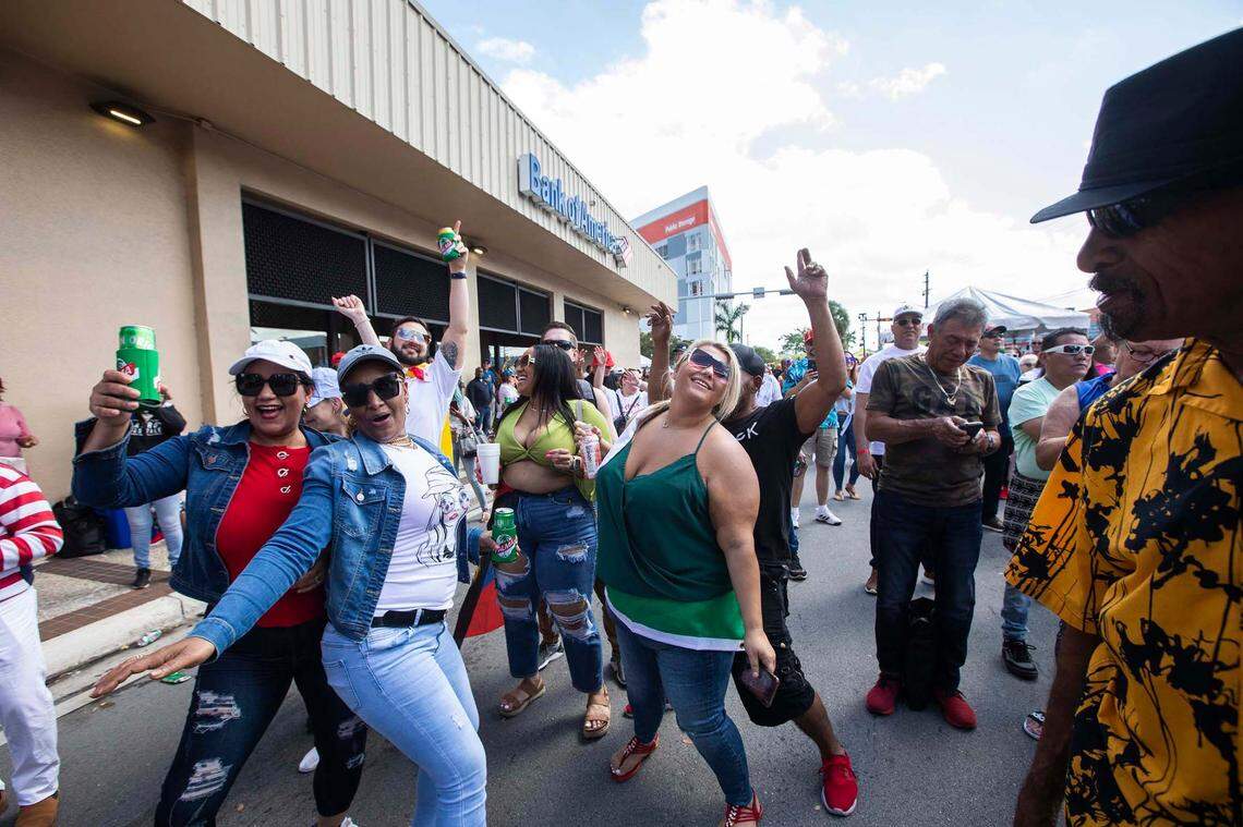 A group of women dance during the Calle Ocho festival in Little Havana on Sunday, March 13, 2022.
