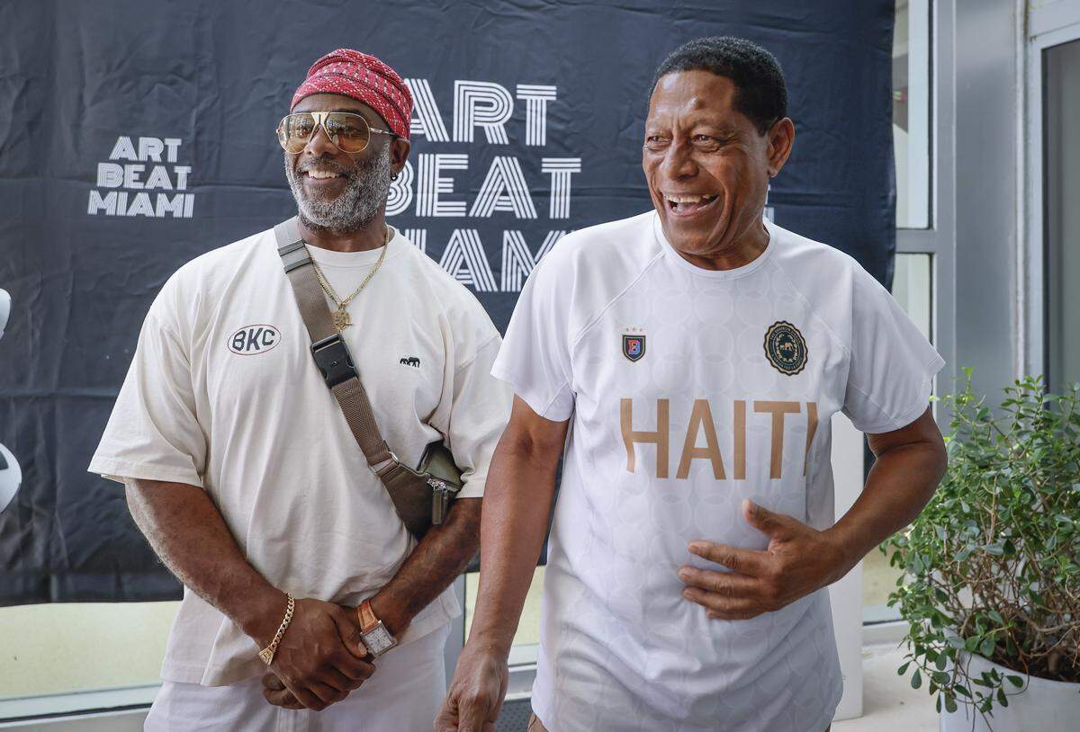 ARTBEAT MIAMI honors Haiti's 1974 World Cup team players including Pierre Bayonne, at right, joining him for the celebration is his nephew Woody Pierre, at left, at the Little Haiti Cultural Center in Miami, Florida, on Sunday, May 24, 2026.