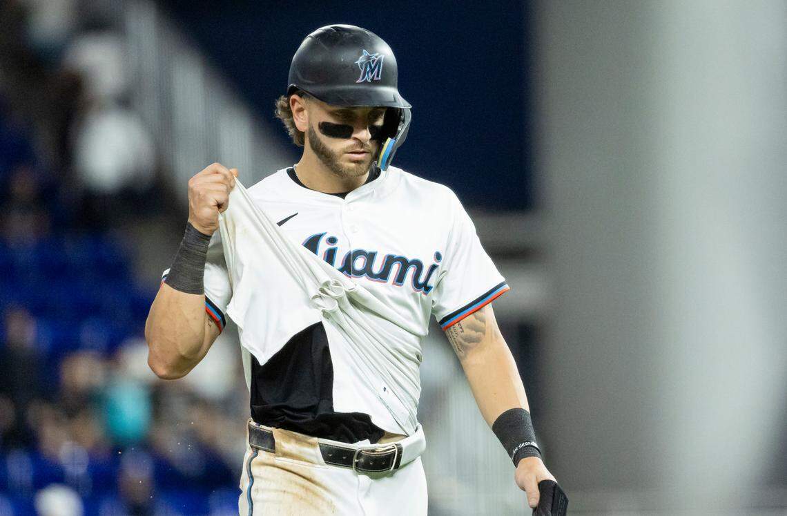 Miami Marlins third base Connor Norby (1) makes his way back to the locker rooms after losing to the Minnesota Twins in their MLB game at loanDepot park on Wednesday, July 2, 2025, in Miami, Fla.