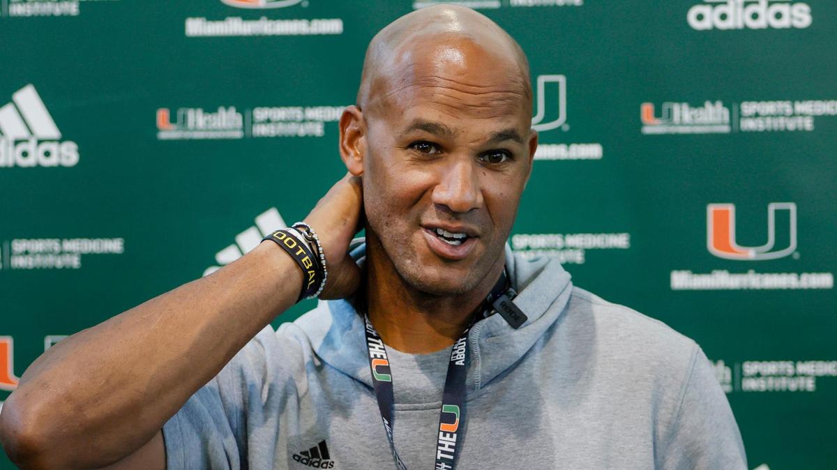 Miami Hurricanes defensive line coach Jason Taylor talks to reporters after football practice at the University of Miami campus in Coral Gables, Florida, Thursday, April 6, 2023.