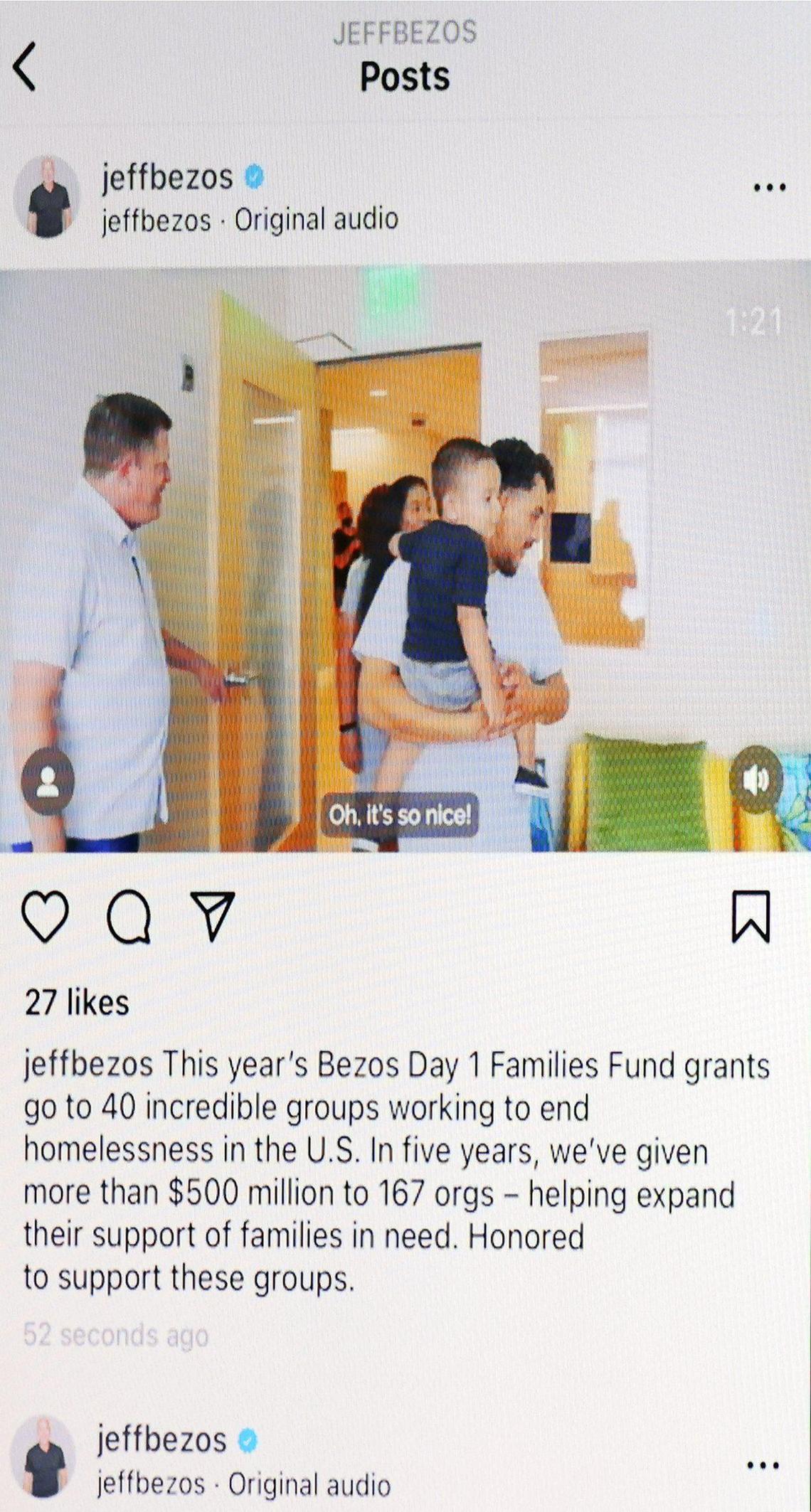 A screen shot of Jeff Bezos’ Instagram account is displayed as Peter T. Pruitt, president and CEO of the Chapman Partnership, announced that the organization has received $5 million from this year’s Bezos Day 1 Families Fund grant on Tuesday, November 22, 2022 in Miami, Florida.