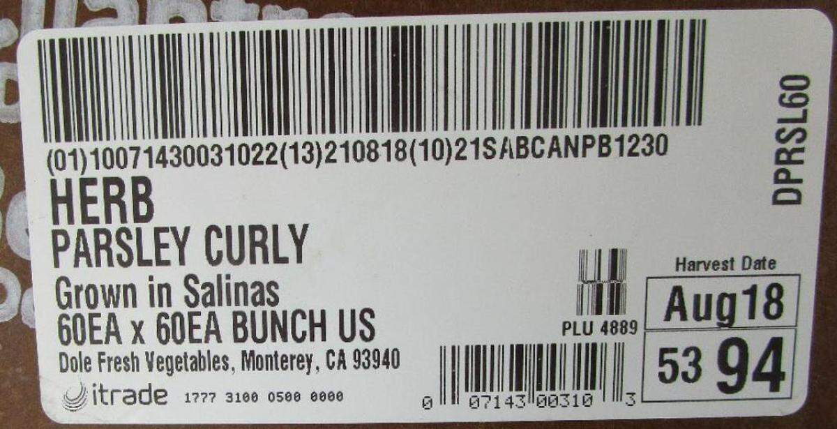 The label on the recalled 60-count boxes of Dole Curley Leaf Parsley