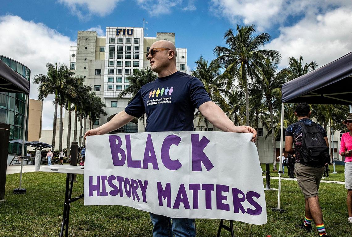 Florida International University professor Besiki Luka Kutateladze joined a group of FIU students, faculty and others on Thursday, Feb. 23, 2023, during the “Fight for Florida Students and Workers” protest against Gov. Ron DeSantis and his recent actions related to state colleges and universities in Florida.