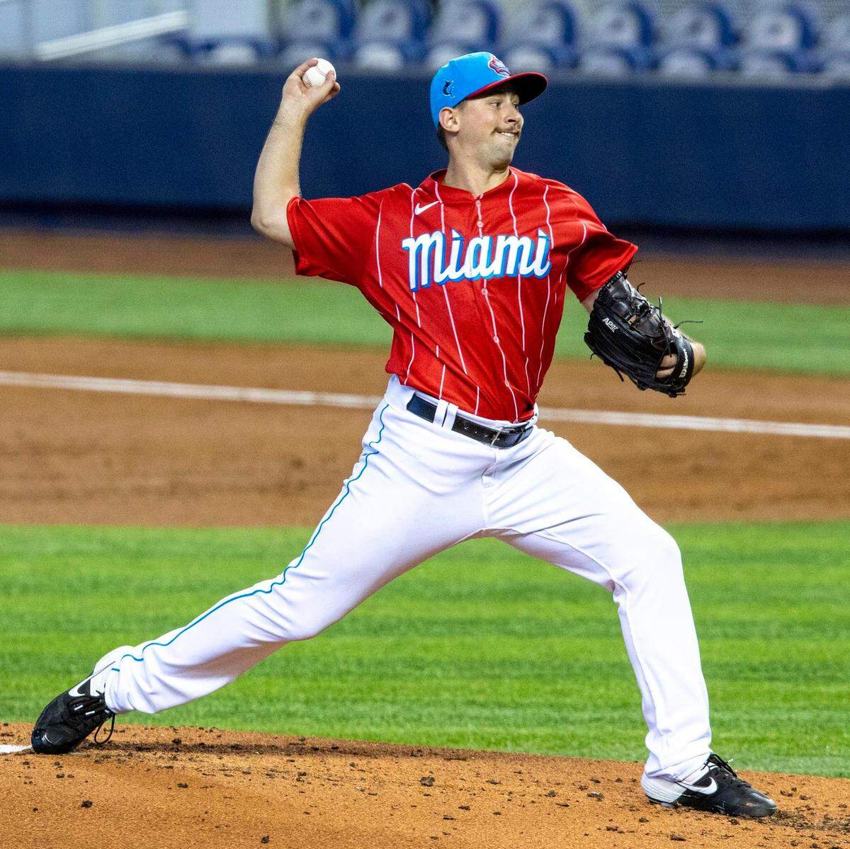Miami Marlins pitcher Cody Poteet†(72) pitches during the first inning of an MLB game against the New York Mets at loanDepot park in the Little Havana neighborhood of Miami, Florida, on Sunday, May 23, 2021.