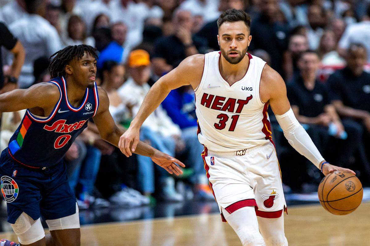 Miami Heat forward Max Strus (31) drives to the basket against Philadelphia 76ers point guard Tyrese Maxey (0) during the fourth quarter of Game 1 of a second0round NBA Eastern Conference semifinal playoff series at FTX Arena in Miami on May 2, 2022.