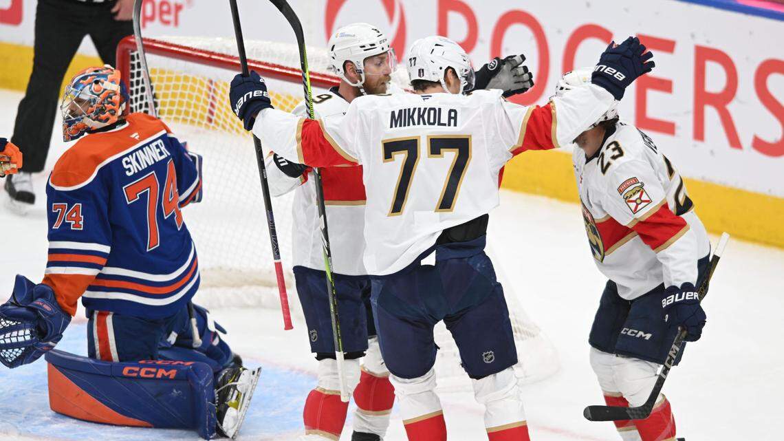 Jun 4, 2025; Edmonton, Alberta, CAN; Florida Panthers center Sam Bennett (9) reacts after scoring a goal against Edmonton Oilers goaltender Stuart Skinner (74) during the first period in game one of the 2025 Stanley Cup Final at Rogers Place. Mandatory Credit: Walter Tychnowicz-Imagn Images