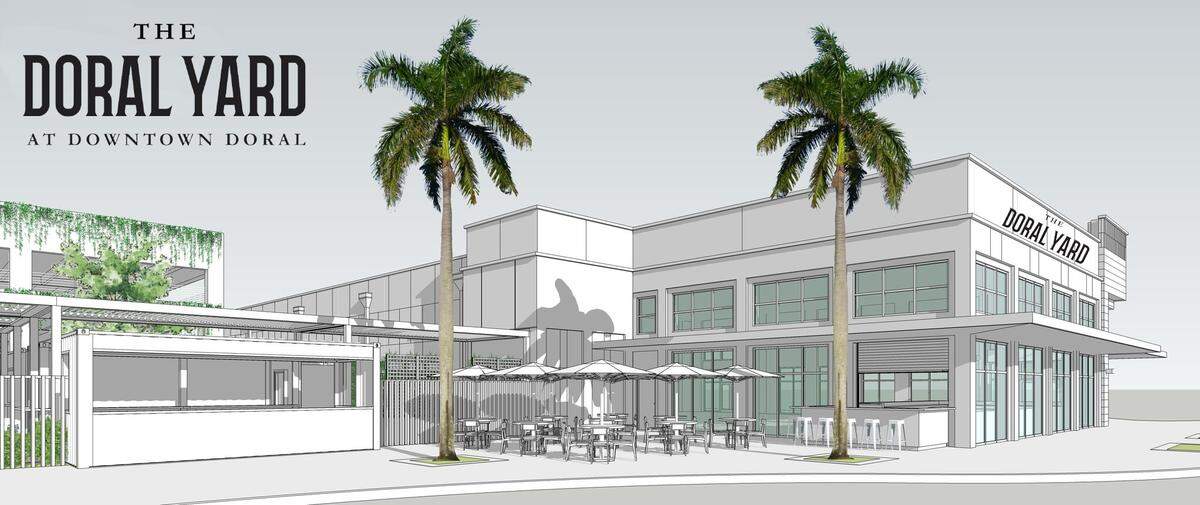 Architectural rendering of The Doral Yard, to be located on the northeast corner of Main Street and Paseo Blvd. in downtown Doral.