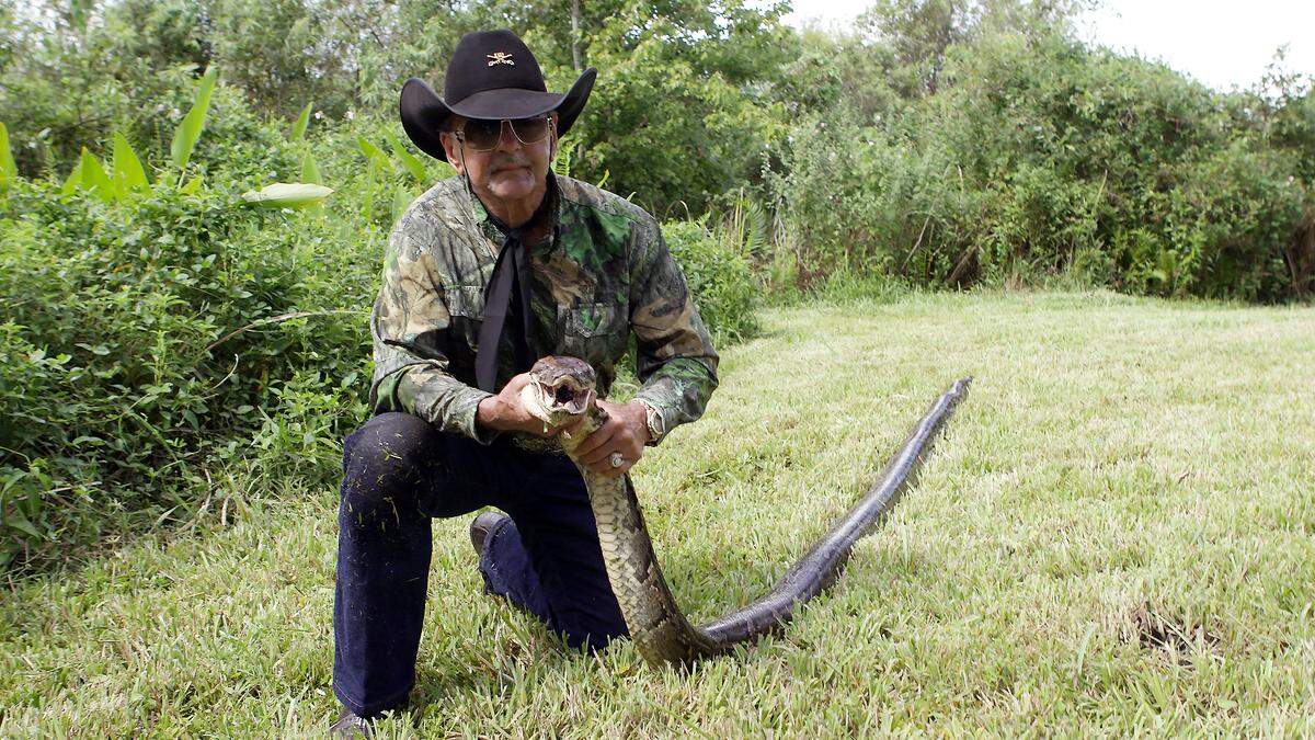 Ron Bergeron with the 16-foot python he captured Sunday in the Everglades.