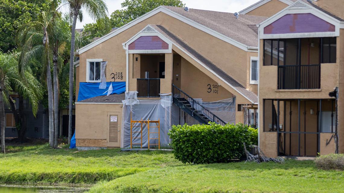 Structural damage can be seen on a condominium building in the Heron Pond complex on Wednesday, Aug. 7, 2024, in Pembroke Pines, Florida. City officials have alerted residents that they must vacate their homes by Aug. 29 after engineers deemed all 304 units spread across 19 buildings in the community unsafe for occupancy.