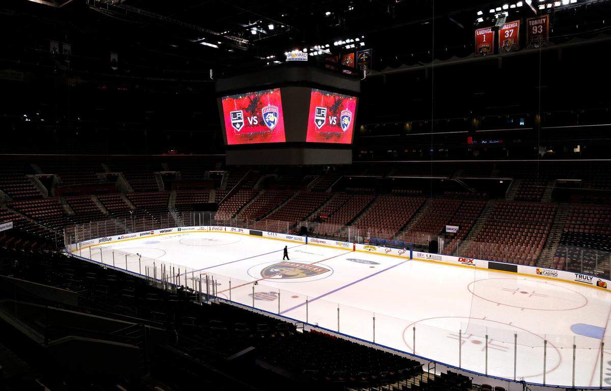 A view of the empty FLA Live Arena before the start of an NHL game between the Florida Panthers and Los Angeles Kings on Thursday, Dec. 16, 2021, in Sunrise, Florida. The Panthers were without seven of their main players — all of whom are in the NHL’s COVID-19 protocols. This includes forwards Sam Bennett, Carter Verhaeghe and Ryan Lomberg, defensemen Aaron Ekblad, Radko Gudas and Brandon Montour, plus third-line winger Frank Vatrano.