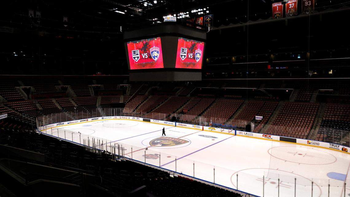 A view of the empty FLA Live Arena before the start of an NHL game between the Florida Panthers and Los Angeles Kings on Thursday, Dec. 16, 2021, in Sunrise, Florida. The Panthers were without seven of their main players — all of whom are in the NHL’s COVID-19 protocols. This includes forwards Sam Bennett, Carter Verhaeghe and Ryan Lomberg, defensemen Aaron Ekblad, Radko Gudas and Brandon Montour, plus third-line winger Frank Vatrano.