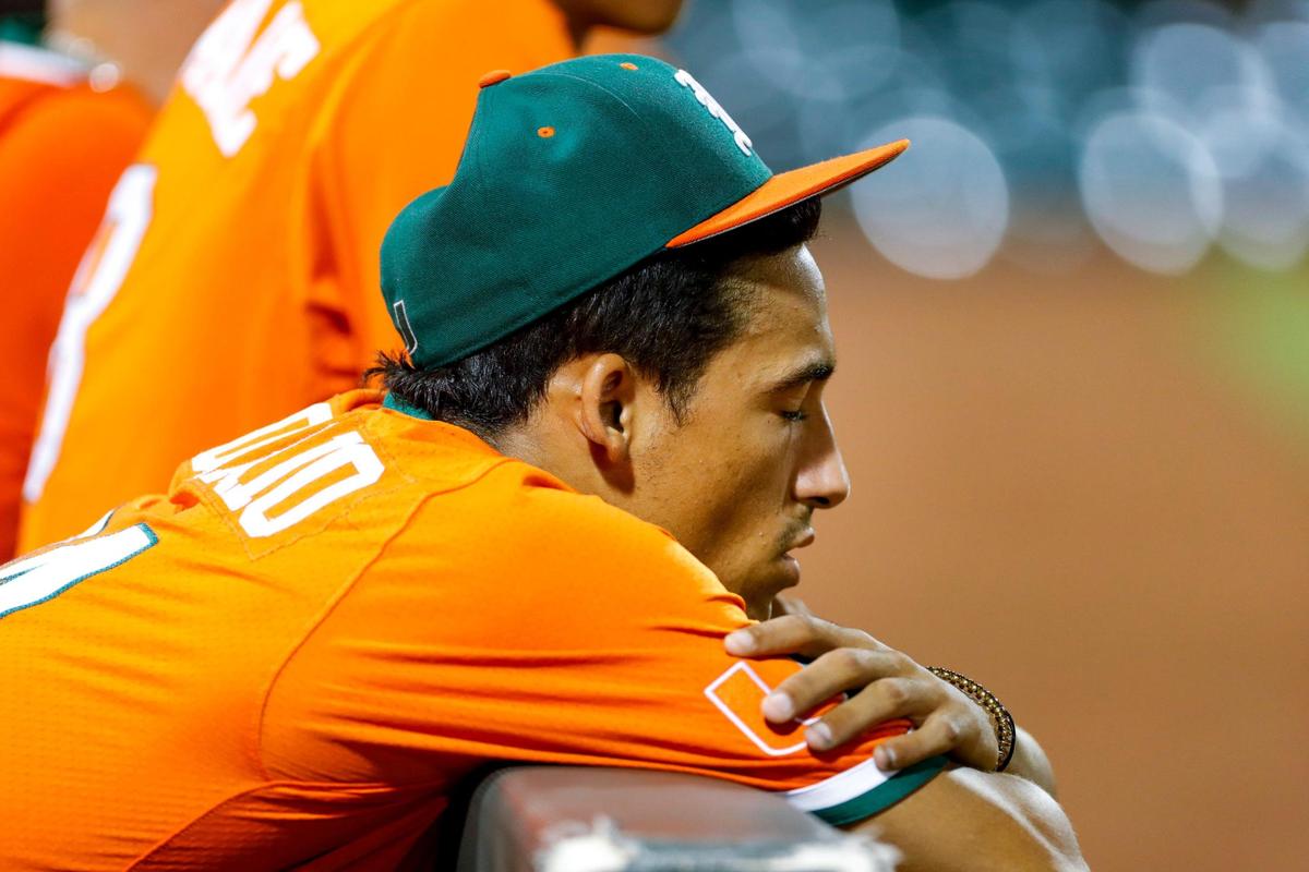Miami Hurricanes pitcher Alejandro Rosario (24) closes his eyes after losing the game against the Arizona Wildcats during the Coral Gables NCAA Baseball Regional at Alex Rodriguez Park at Mark Light Field in Coral Gables, Florida, Sunday, June 5, 2022.