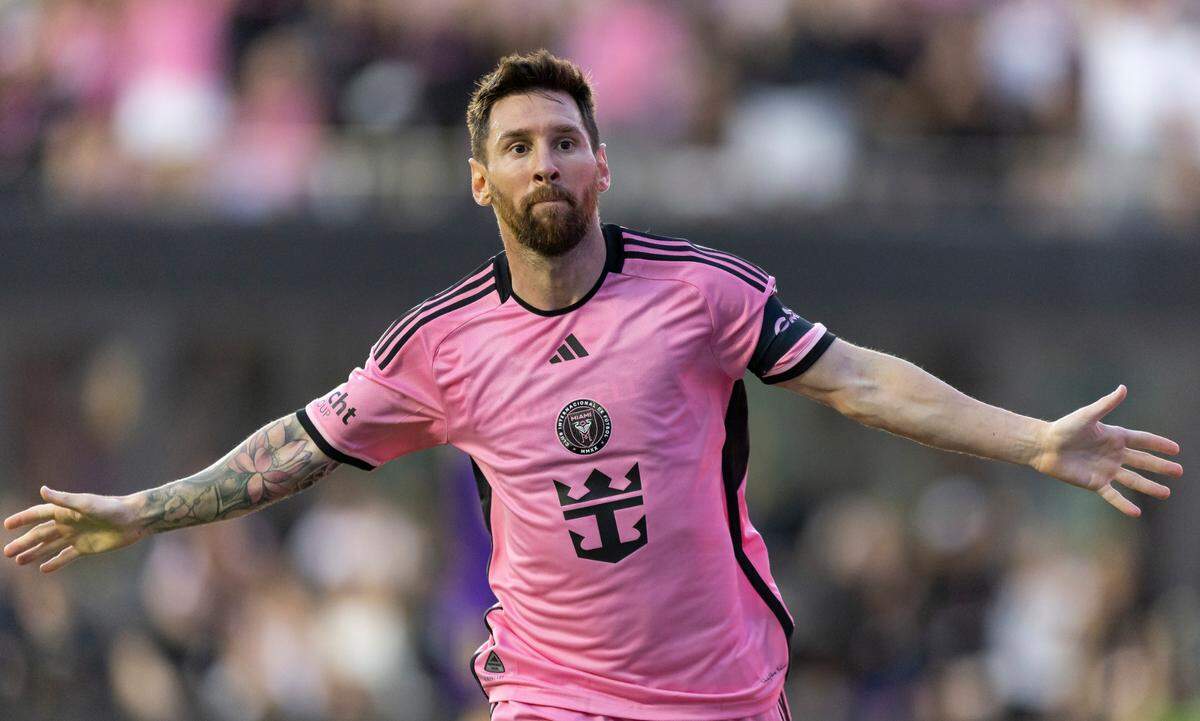 Inter Miami forward Lionel Messi (10) celebrates after scoring a goal against Orlando City in the second half of an MLS match at Chase Stadium on Saturday, March 2, 2024. The Argentine star has had a massive impact on soccer gambling in the United States since joining MLS last summer.