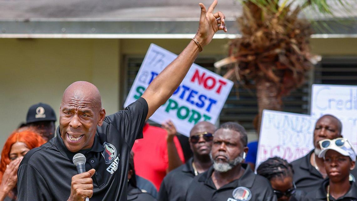 Circle of Brotherhood Executive Director Lyle Muhammad hosts a rally to raise awareness about the budget gap following federal defunding. He called for community support and generosity during the organization’s August 7, 2025, rally in Miami, Florida.
