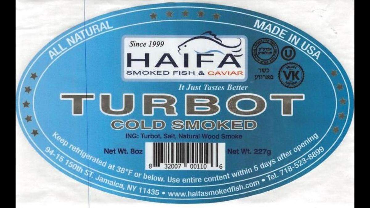 Label of recalled turbo from Haifa Smoked Fish