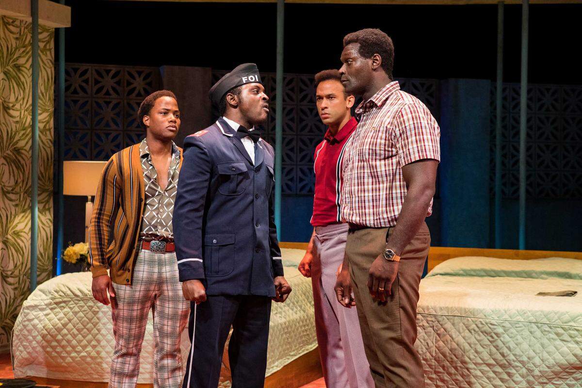 Leon Thomas III, Jovon Jacobs, Kieron Anthony and Esau Pritchett have words in Miami New Drama’s “One Night in Miami.”