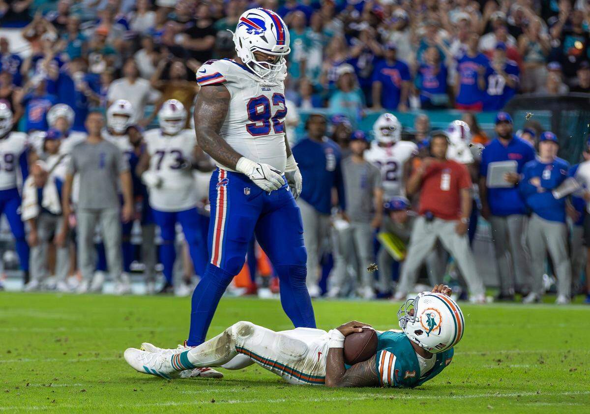 Miami Dolphins quarterback Tua Tagovailoa (1) suffers a concussion after a play against the Buffalo Bills in the second half of their NFL game at Hard Rock Stadium on Thursday, Sept. 12, 2024, in Miami Gardens, Fla.