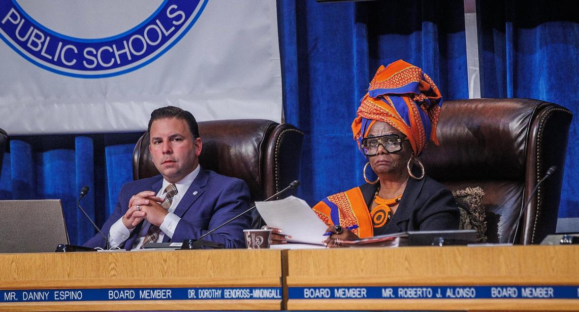 Board members Vice chair Danny Espino (left) and Dorothy Bendross-Mindgall listen as attendees speak during a lengthy meeting at the Miami-Dade County School Board to discuss the recognition of October as Lesbian, Gay, Bisexual, Transgender and Queer History Month in the school district proposed by board member Lucia Baez-Geller, on Wednesday September 06, 2023.