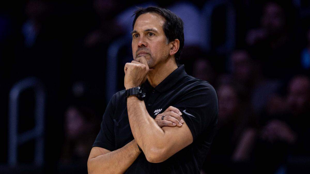 Miami Heat coach Erik Spoelstra looks on during the second half of an NBA game against the Orlando Magic at Kaseya Center January 27, 2025, in Miami.