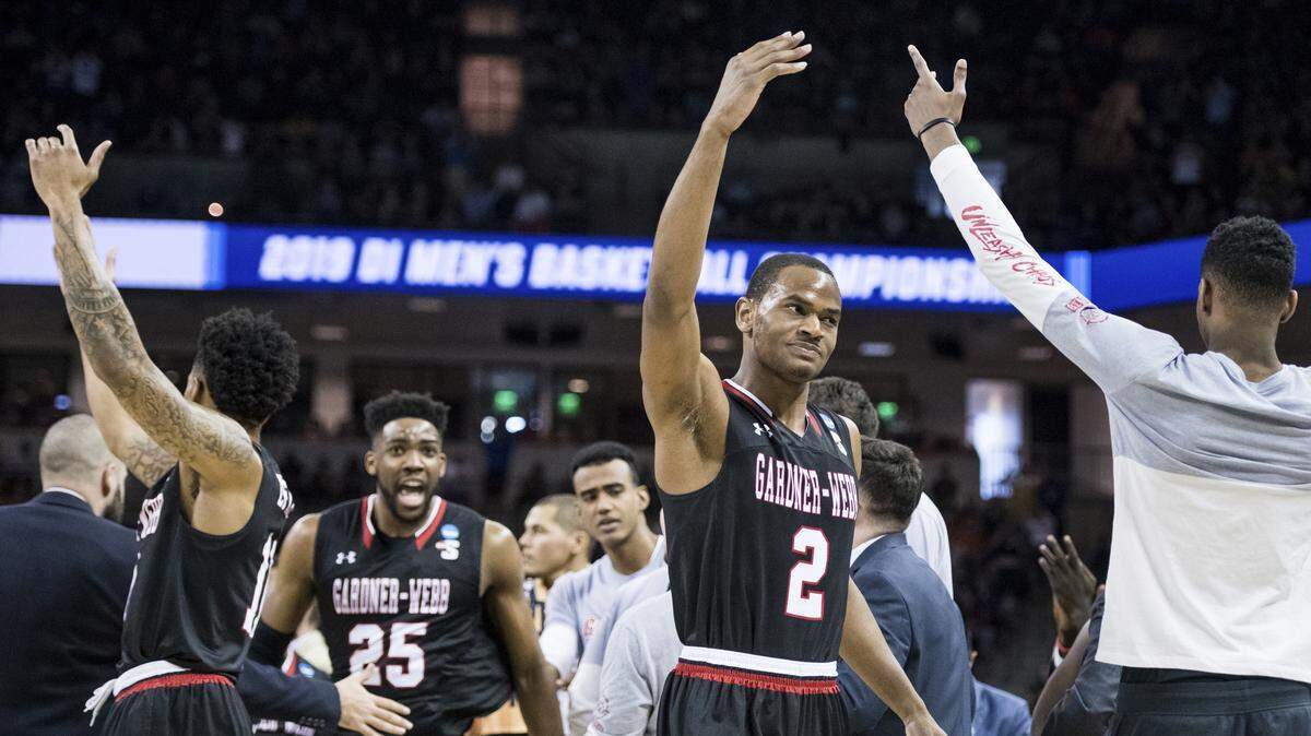 Gardner-Webb forward Eric Jamison Jr. (2) celebrates after a score against Virginia during a first-round game in the NCAA men’s college basketball tournament Friday, March 22, 2019, in Columbia, S.C.