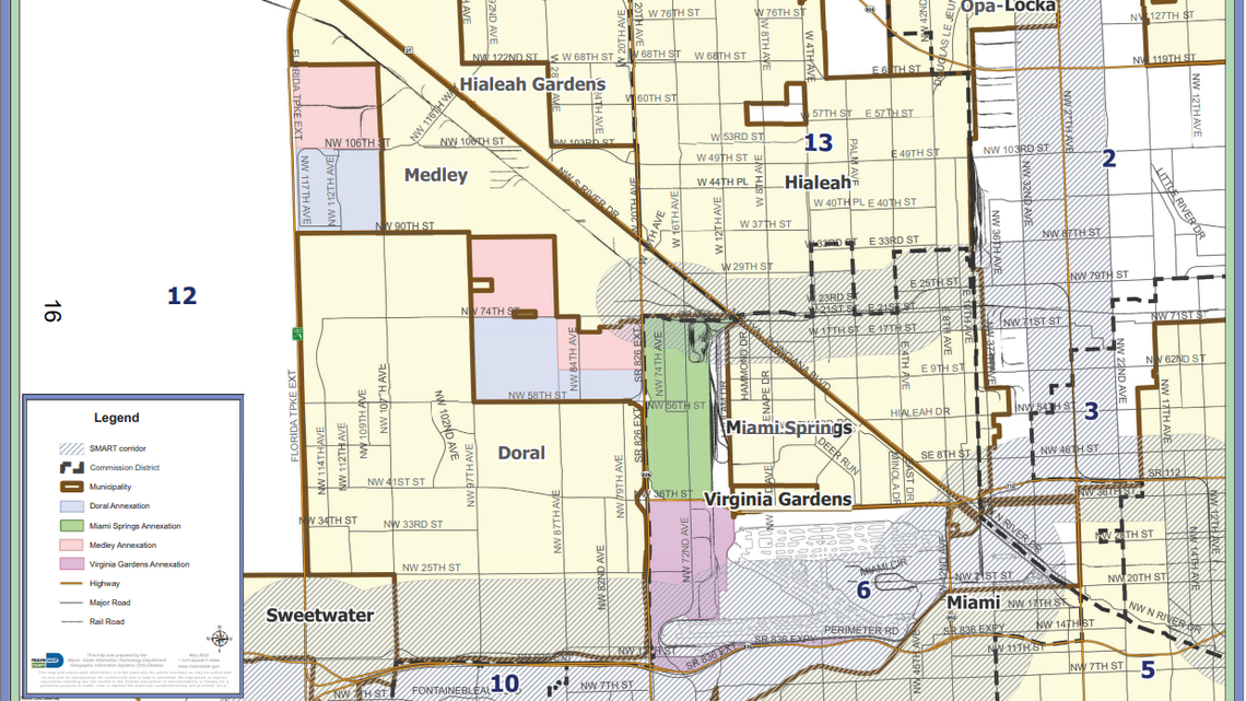 A map shows the areas of unincorporated Miami-Dade County proposed to be annexed by four cities.