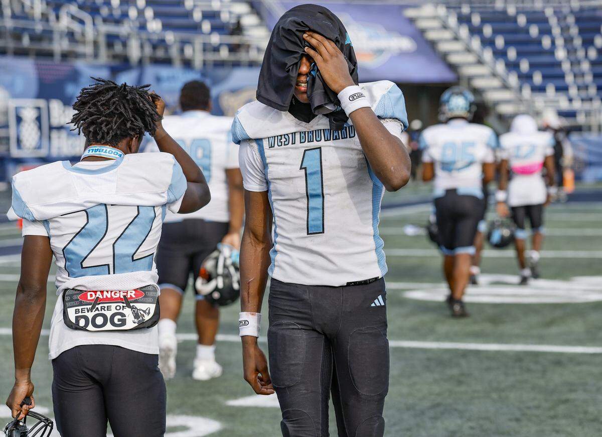 West Broward Bobcats Amir Sears (1) reacts after West Boca Bulls win the Class 6A, Region 3 State Championship football game at FIU's Pitbull Stadium in Miami, Florida on Friday, December 12, 2025.