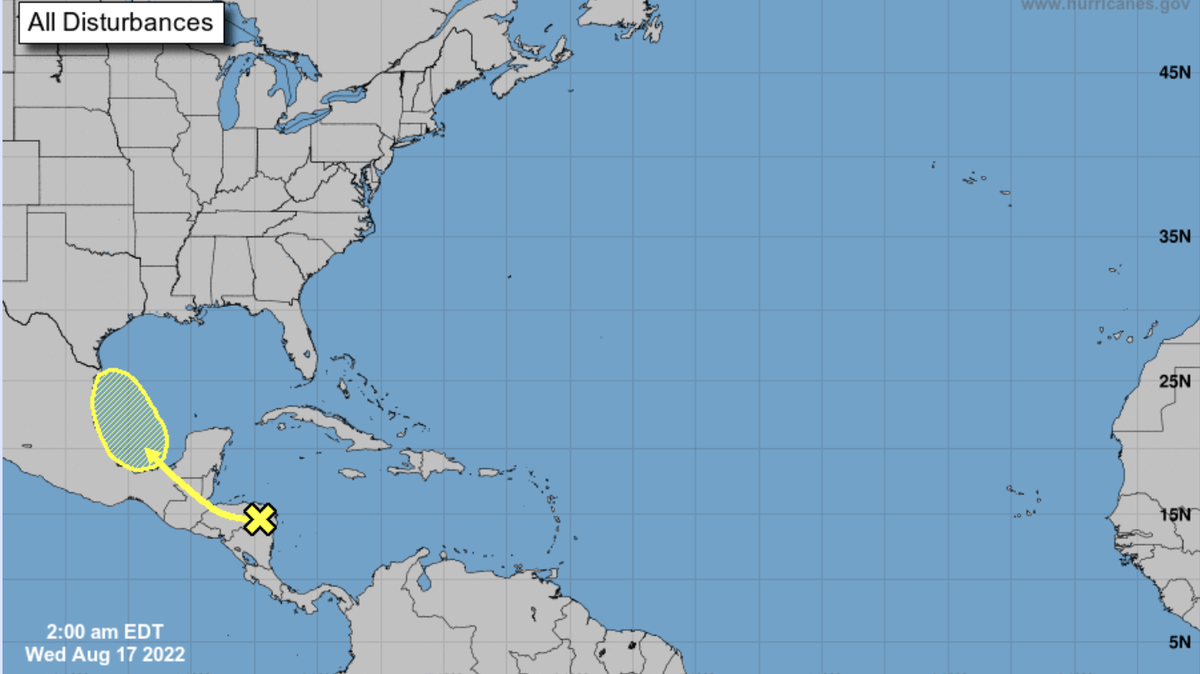 A disturbance near northern Nicaragua and eastern Honduras is forecast to move across Central America and into the Gulf of Mexico this week.
