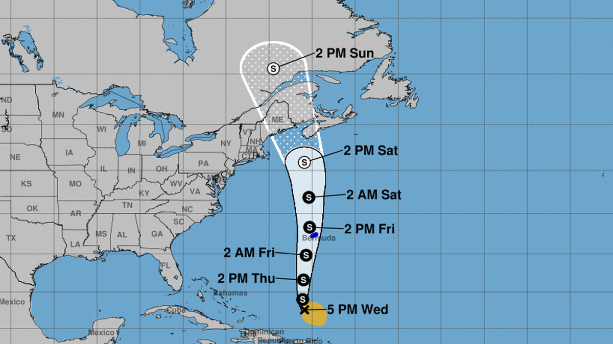 Tropical Storm Philippe’s projected path as of 5 p.m., Oct. 4, 2023.