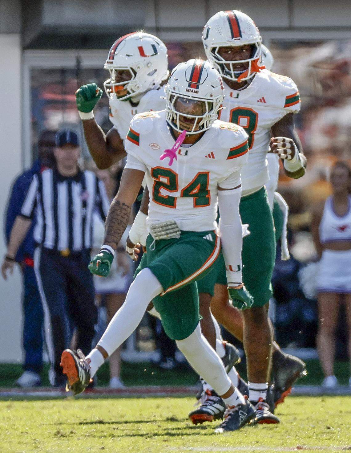 Miami Hurricanes defensive back Ethan O'Connor (24) reacts after Southern Methodist University Mustangs misses a field goal attempt during the second half of an NCAA football game at Gerald Ford Stadium on Saturday, November 1, 2025, in Dallas, Texas.
