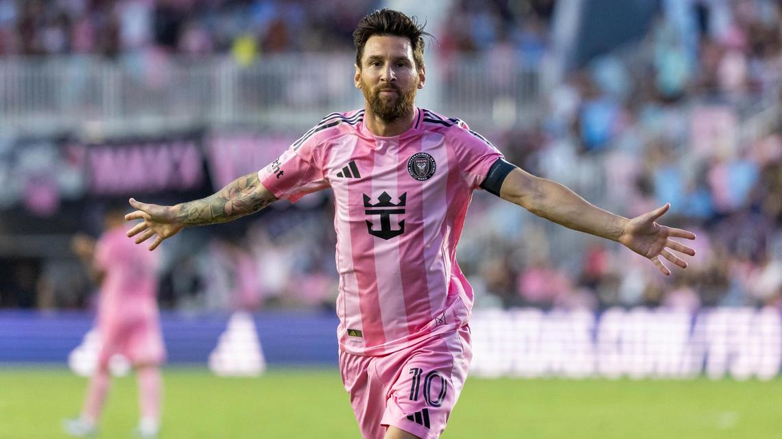Inter Miami forward Lionel Messi (10) celebrates after scoring a goal against Nashville SC in the first half of their MLS match at Chase Stadium on Saturday, July 12, 2025, in Fort Lauderdale, Fla.