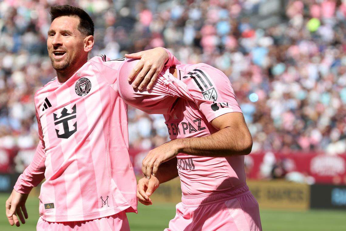DENVER, COLORADO - APRIL 18: German Berterame #19 of Inter Miami CF celebrates scoring his team's second goal with teammate Lionel Messi #10 during the MLS match between Colorado Rapids and Inter Miami CF at Empower Field At Mile High on April 18, 2026 in Denver, Colorado. (Photo by Tanner Pearson/Clarkson Creative/Getty Images)