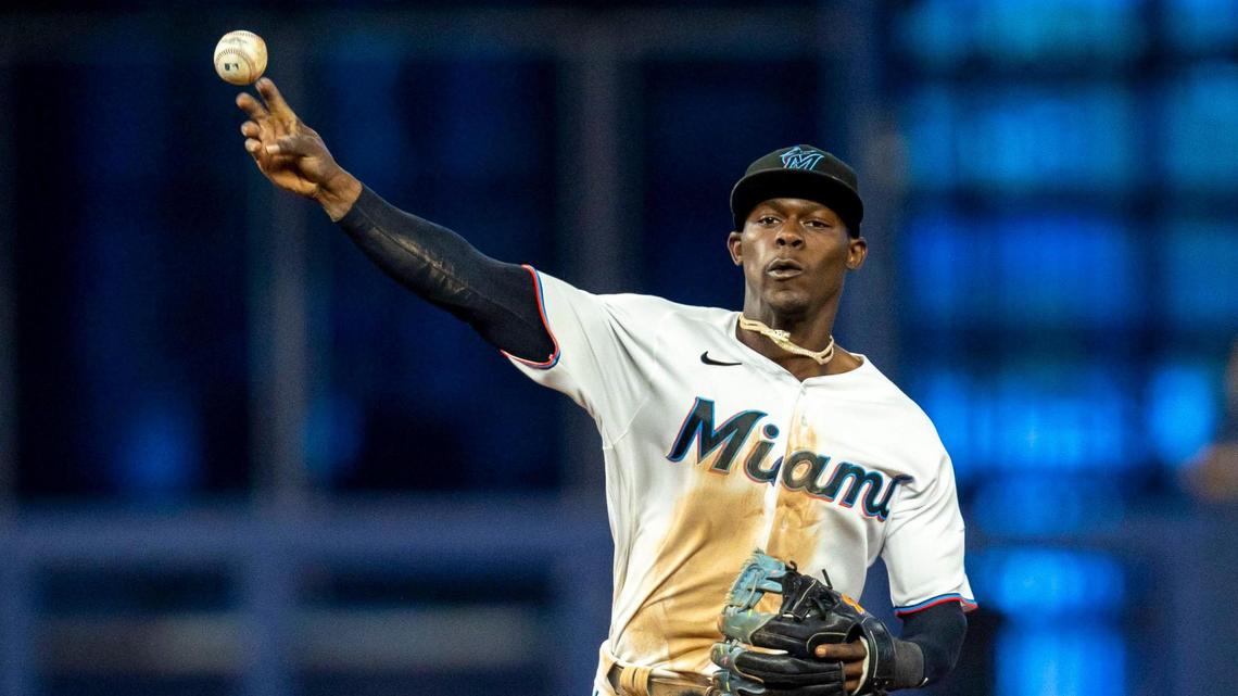 Miami Marlins second baseman Jazz Chisholm Jr. (2) throws the ball to first base during the fifth inning of an MLB game against the Colorado Rockies at loanDepot park in the Little Havana neighborhood of Miami, Florida, on Thursday, June 23, 2022.