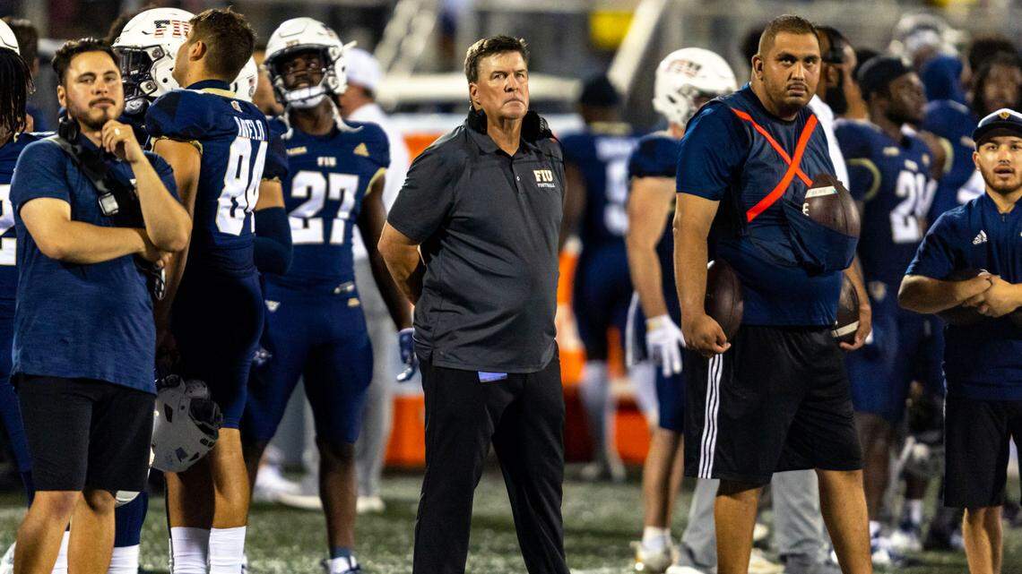 FIU head coach Mike MacIntyre reacts on the sidelines during the Shula Bowl against FAU at Riccardo Silva Stadium in Miami, Florida, on Saturday, November 12, 2022.