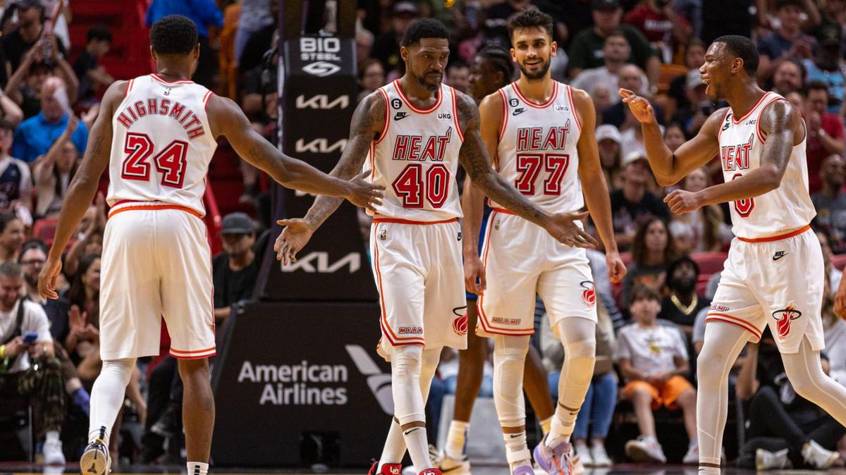 Miami Heat forward Udonis Haslem (40) daps up his teammates after a foul call during the second half of an NBA game against the Orlando Magic at Kaseya Center in Downtown Miami, Florida, on Sunday, April 9, 2023.