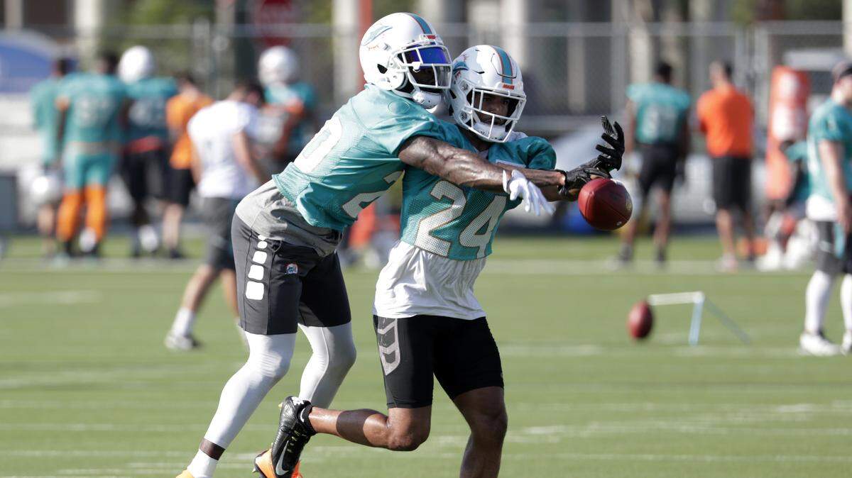 Miami Dolphins defensive back Reshad Jones, left, and cornerback Torry McTyer (24) do drills, Thursday, July 26, 2018, at the NFL football team’s training camp in Davie, Fla. (AP Photo/Lynne Sladky)