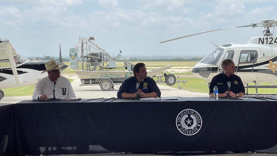 Florida Gov. Ron DeSantis and Texas Gov. Greg Abbott hold press conference in Del Rio, Texas to talk about a three-week effort to enforce the U.S.-Mexico border in Texas.