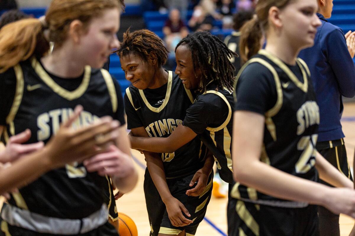 Miami High teammates Kailynn Gibson and Faith Key react after defeating South Ridge 43-40 on GMAC Basketball Finals at Miami-Dade Kendall campus gym in Miami, Florida on Saturday, January 27, 2024.